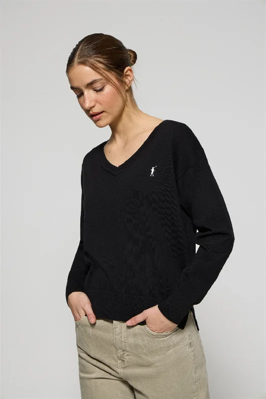 Jersey de punto negro con cuello de pico y logo bordado Rigby Go Lavender Jersey Tee
