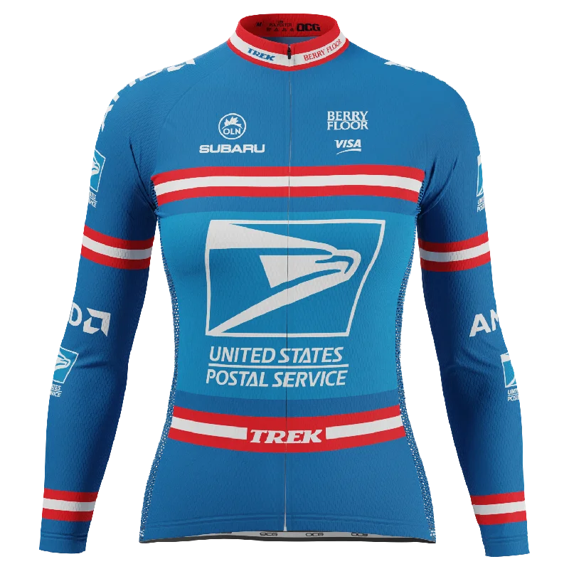 Women's Retro US Postal Long Sleeve Cycling Jersey Silver Jersey Tee