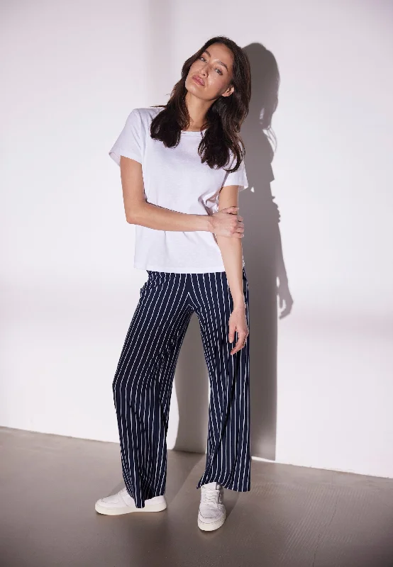 Donna Loose Jersey - Short Length - Navy Stripe Boat Neck Jersey Shirt