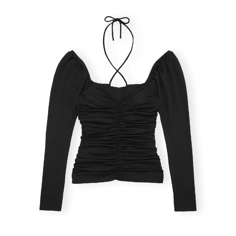 Shiny Crepe Jersey Ruched Blouse Scoop Neck Jersey Top