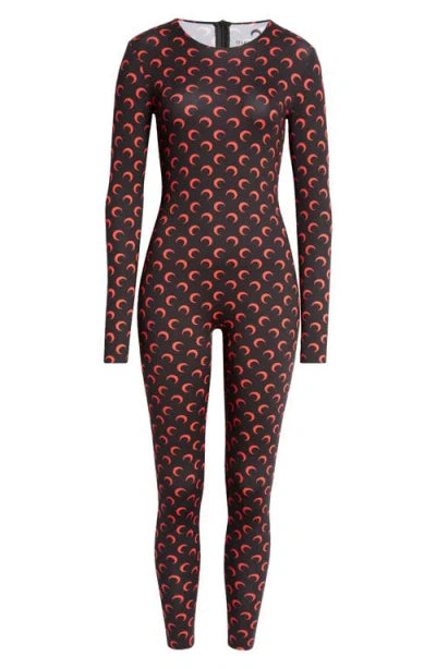 Moon Printed Jersey Catsuit (Black/Red) Round Neck Jersey Tee