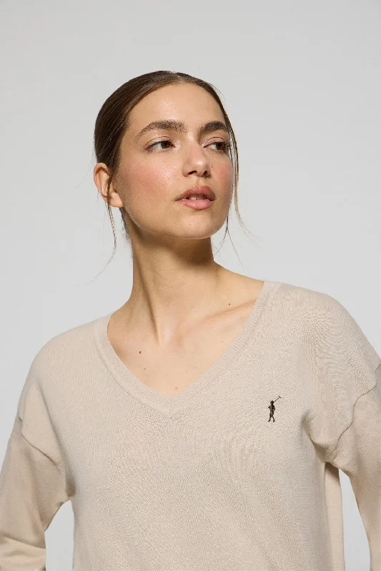 Jersey de punto beige con cuello de pico y logo bordado Rigby Go Jet Black Jersey Tee Jersey de punto beige con cuello de pico y logo bordado Rigby Go Jet Black Jersey Tee