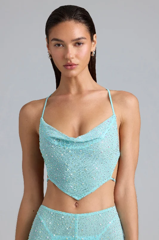 Embellished Cowl-Neck Crop Top in Ice Blue Thin Crop Top Open Front Quick Dry