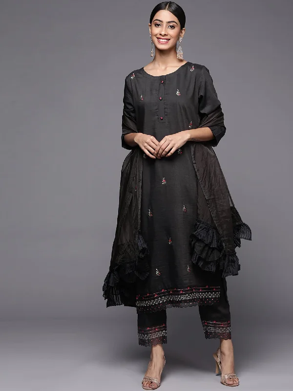 Women's Black Embroidered Straight Kurta Trousers With Dupatta Set - Indo Era Trousers Bridal Satin Women's Black Embroidered Straight Kurta Trousers With Dupatta Set - Indo Era Trousers Bridal Satin