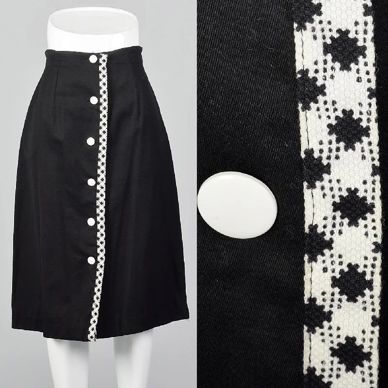 1960s Black Polished Cotton Skirt with White Trim wool skirt sturdy