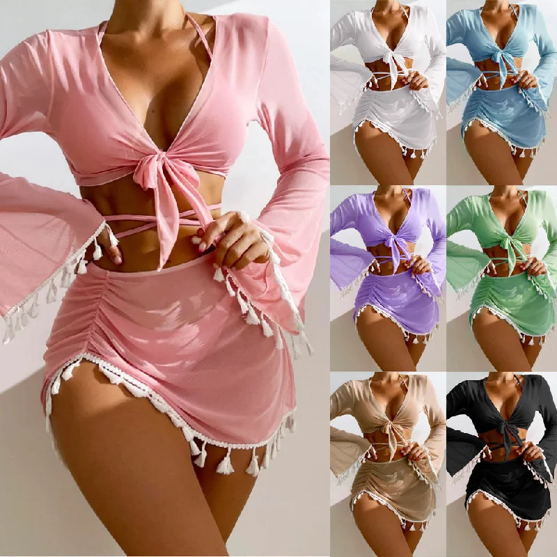 Summer Chic: 4pcs Solid Color Bikini Set with Short Skirt and Long Sleeve Cover-Up a-line skirt cut