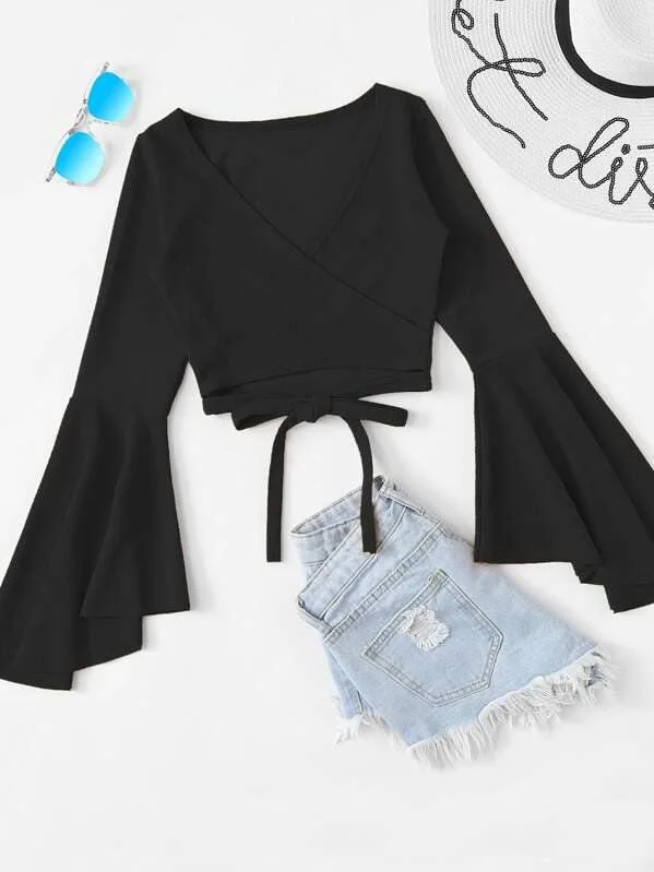 Bell Sleeve Self-Tie Crop Top Fashionable Trendy Casual