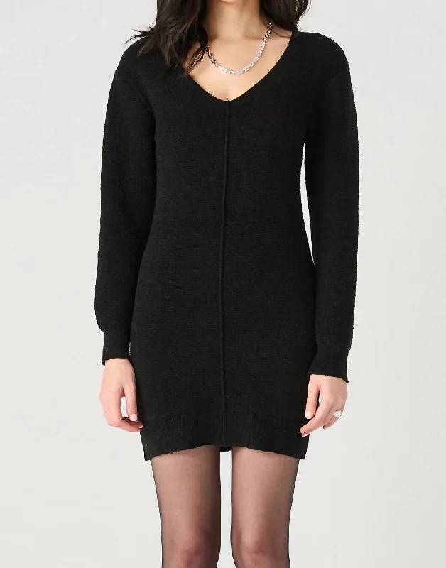 V Neck Ribbed Sweater Dress In Black Stretchy Elastic Breathable