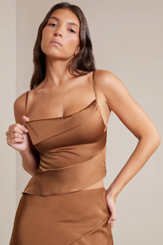 Bias Cut Satin Cowl Neck Crop Top in Mocha Ribbed Crop Top High Neck Heavyweight