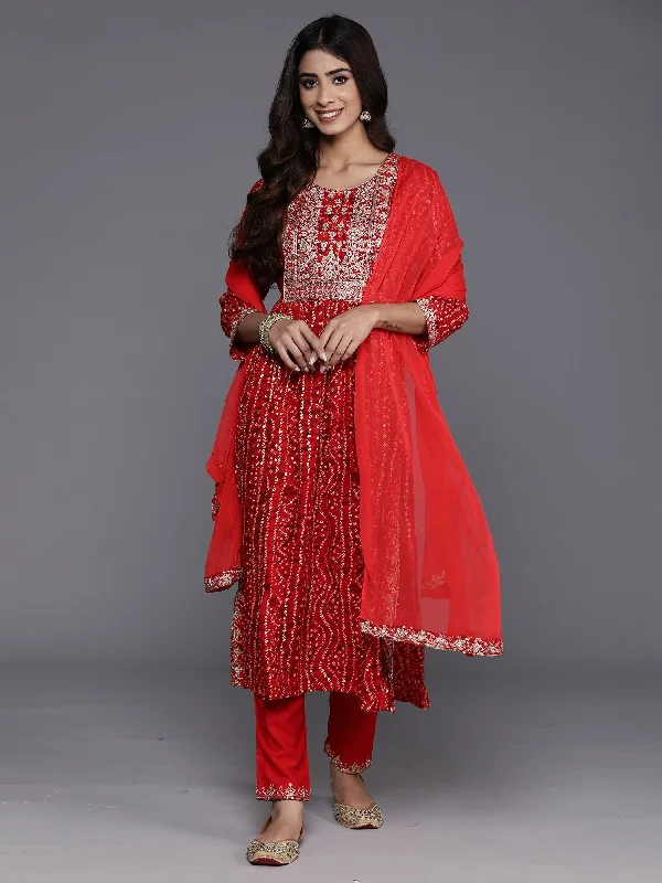 Women's Red Embroidered A-Line Kurta Trousers With Dupatta Set - Indo Era Trousers Lace Delicate Women's Red Embroidered A-Line Kurta Trousers With Dupatta Set - Indo Era Trousers Lace Delicate