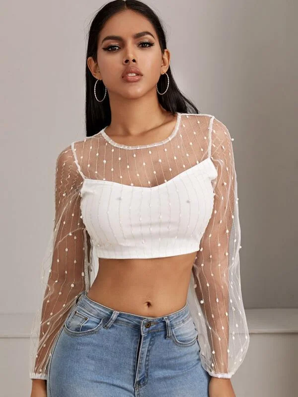 Lantern Sleeve Pearls Beaded Sheer Mesh Crop Top Polka Dot Checkered Tartan