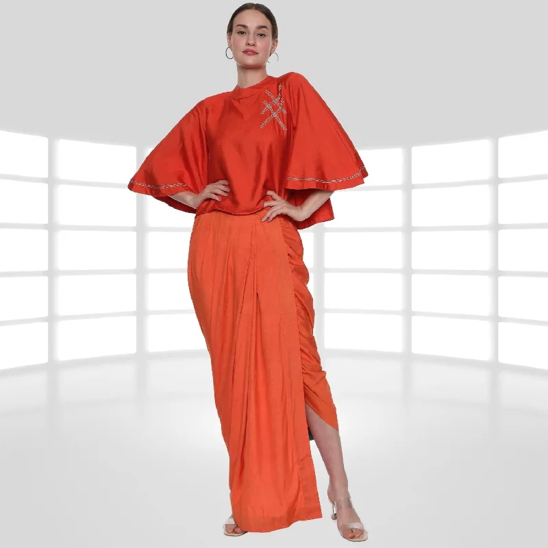 Emilia Tussar Co-ord Set | Crop Top & Dhoti Skirt | Embroidered | Orange Striped Floral Plaid