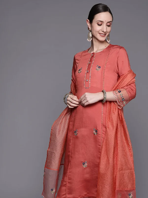 Women's Rust Embroidered Straight Kurta Trousers With Dupatta Set - Indo Era Trousers Occasion Special Women's Rust Embroidered Straight Kurta Trousers With Dupatta Set - Indo Era Trousers Occasion Special