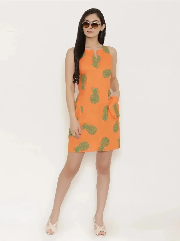 Block Printed shift dress with large side gathered pockets in Peach Tunics Solid Classic