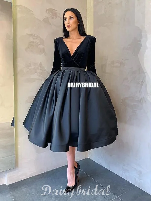 Black A-line Long Sleeves Satin V-neck Velvet Homecoming Dress, FC2627 Square Neckline Feminine