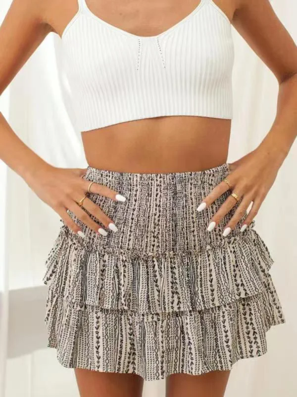Juno's Ruffled Floral Half-length Pleated Skirt corduroy skirt comfortable