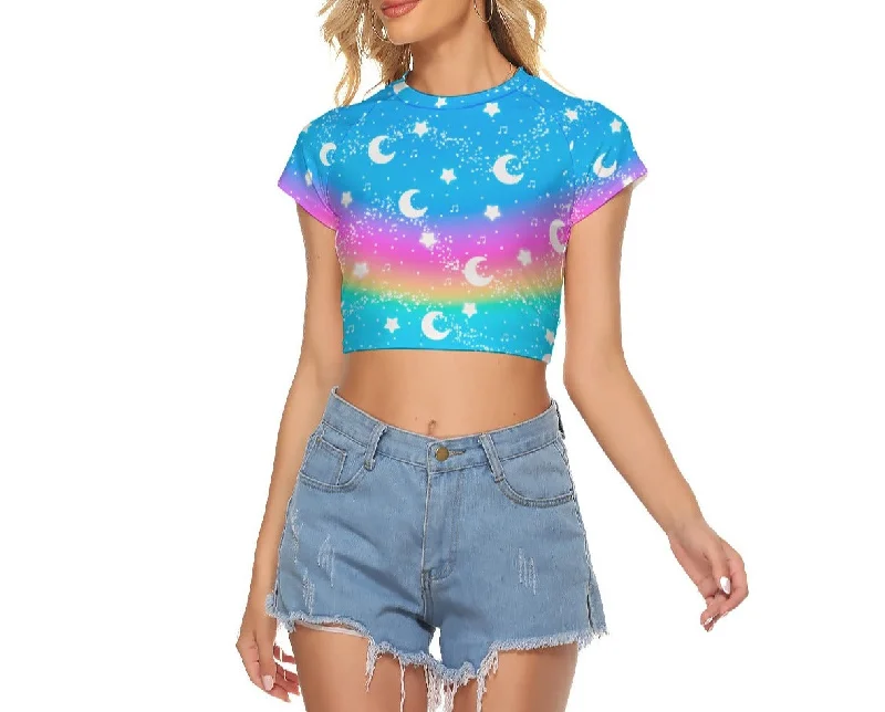 Magical Fairy Time (Rainbow Sunny Day) Women's Raglan Crop Top Front Pockets Side Pockets Patch Pockets