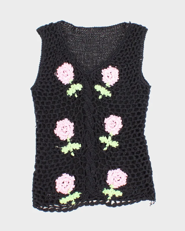 Womens Black and Pink Floral Crochet Tank Top - S floral tank top