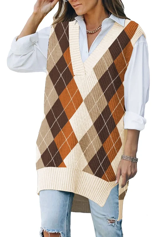 Viottiset Women's Oversized Argyle V Neck Sweater Vest Sleeveless Top Khaki Large Polka Dot Checkered Tartan Viottiset Women's Oversized Argyle V Neck Sweater Vest Sleeveless Top Khaki Large Polka Dot Checkered Tartan