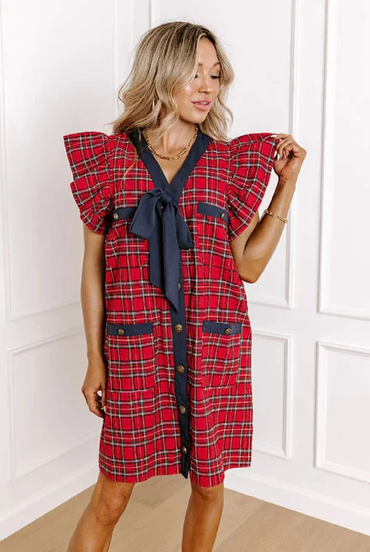 Navy Bow Plaid Dress Tunics Lace romantic