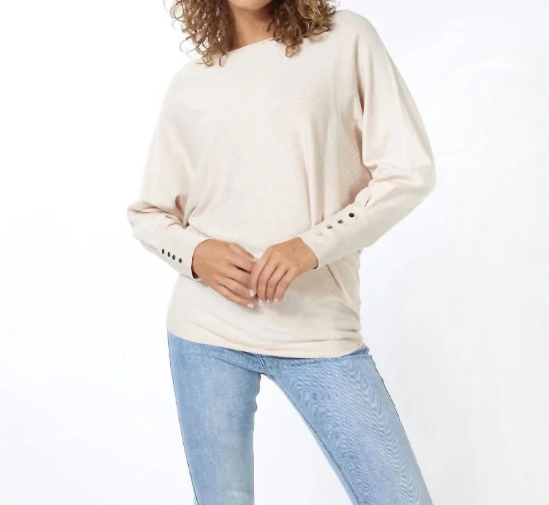 Dolman Sleeve Button Cuff Sweater Top In Light Sand Jersey Fabric Tulle Fabric Batik Fabric