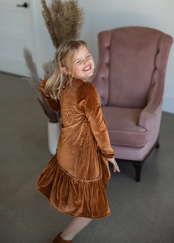 Girls Ribbed Velvet Ruffled Tiered Dress Crew Neckline Casual