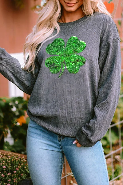 Hazel Blues® |  Lucky Clover Sequin Round Neck Sweatshirt Hoodie with Distressed Vintage Worn