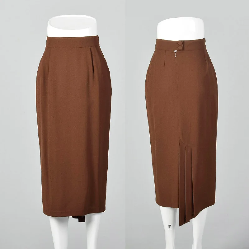 1980s Asymmetrical Brown Wool Crepe Skirt ruffled skirt detail