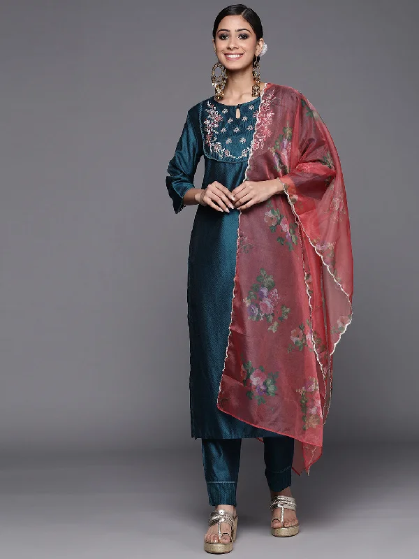 Women's Blue Embroidered Straight Kurta Trousers With Dupatta Set - Indo Era Trousers Versatile Stylish