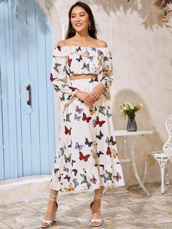 Off Shoulder Ruffle Trim Butterfly Print Crop Top Welt Pockets Slit Pockets Flap Pockets