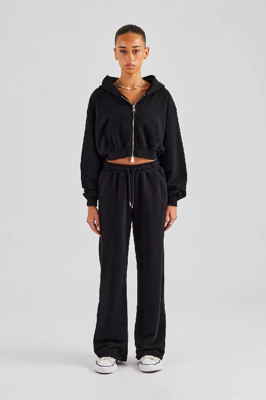 Cernucci Cropped Zip Through Hoodie & Wide Leg Jogger - Black Hoodie with Color Block Contrast Stylish