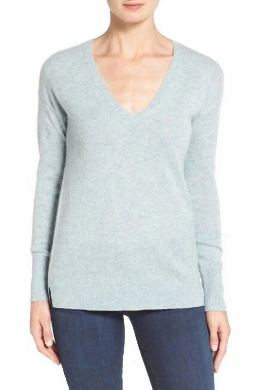 Classic V-Neck Side Slit High Low Sweater In Aqua Blue Stretchy Elastic Breathable