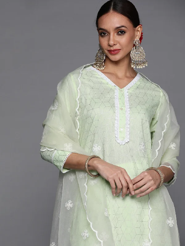 Women's Sea Green Foil Printed Straight Kurta Trouser With Dupatta Set - Indo Era Trousers stylish elegant