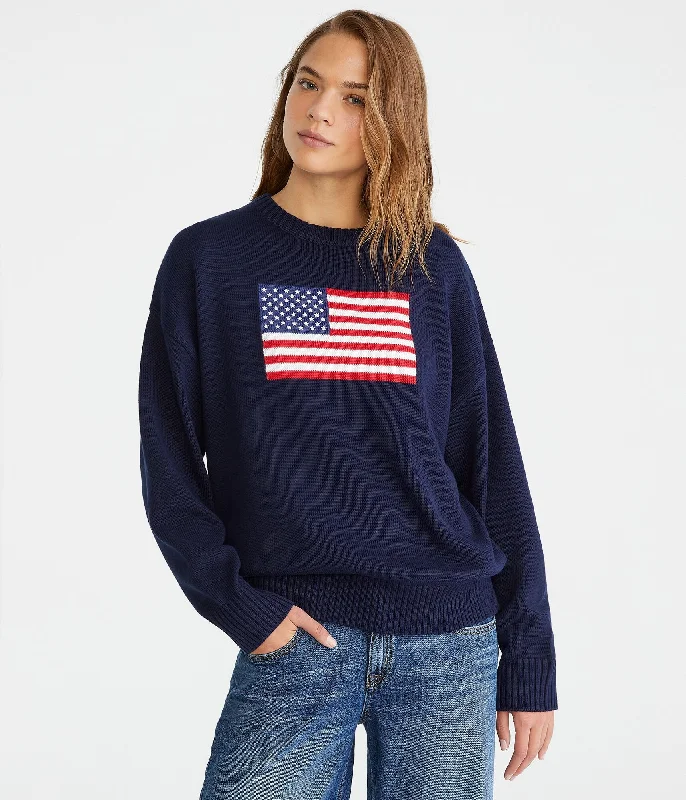 Aeropostale American Flag Oversized Crew Sweater Machine Wash Dry Clean Hand Wash