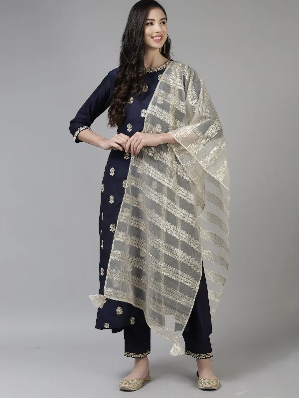 Women's Navy Blue Embroidered Straight Kurta Trouser With Dupatta Set - Indo Era Trousers Solid Black Women's Navy Blue Embroidered Straight Kurta Trouser With Dupatta Set - Indo Era Trousers Solid Black