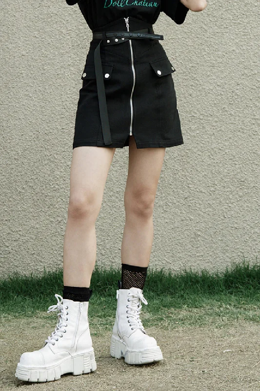 Black High Waist Front Zipper Metal Eyelets Belt Side Pocket Women's Punk Denim Skirt velvet skirt sumptuous Black High Waist Front Zipper Metal Eyelets Belt Side Pocket Women's Punk Denim Skirt velvet skirt sumptuous