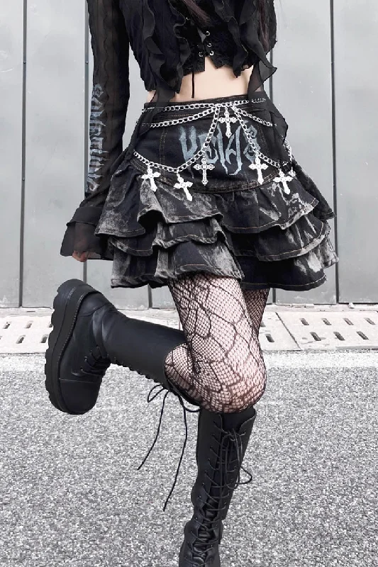 Black High Waisted Print Chain Rock Gothic Skirt lace skirt delicate