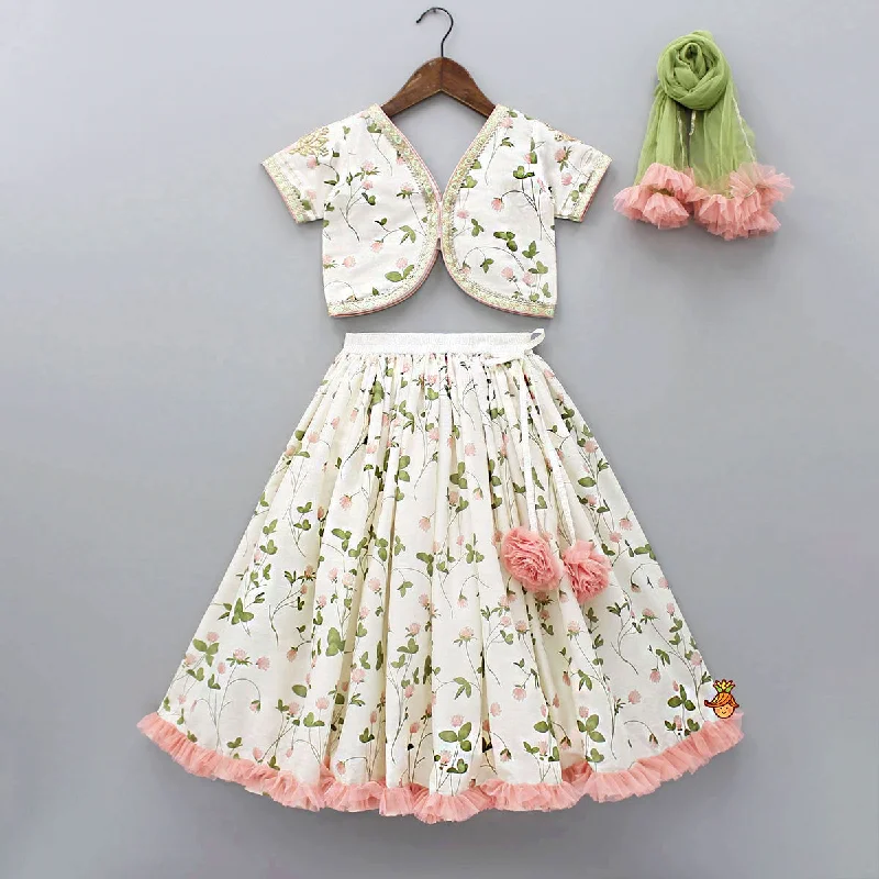 Pre Order: Floral Printed Crop Top With Lehenga And Net Dupatta Fleece Nylon Spandex