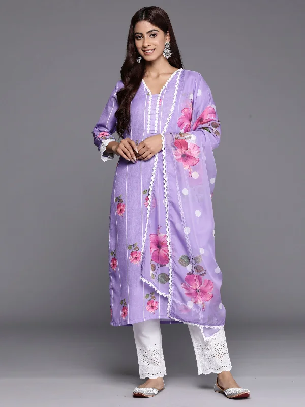 Women's Purple Printed Straight Kurta Trousers With Dupatta Set - Indo Era Trousers Tapered Slim Fit Women's Purple Printed Straight Kurta Trousers With Dupatta Set - Indo Era Trousers Tapered Slim Fit