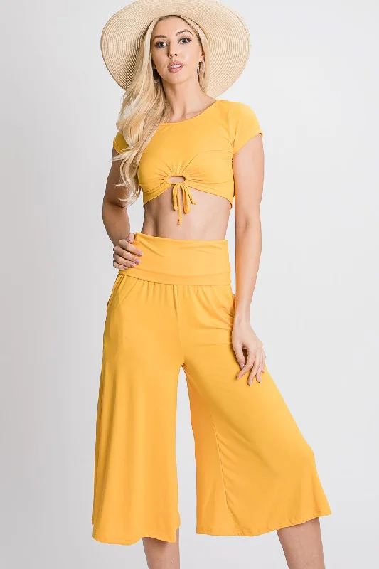 YELLOW O-RING CROP TOP AND GOUCHER KNIT PANTS SET SOIN2030 Mesh Fabric Canvas Fabric Denim Fabric