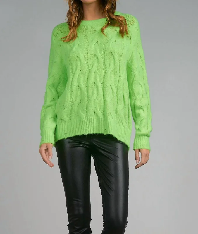 Crew Neck Cable Sweater In Lime Oversized Loose Flowy