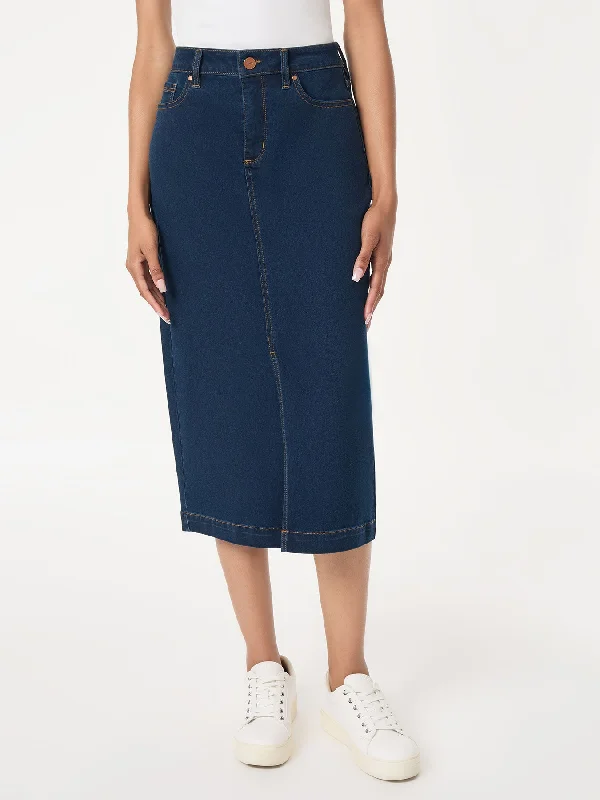 Midi Denim Front Slit Skirt, West Point Wash ruffled skirt detail