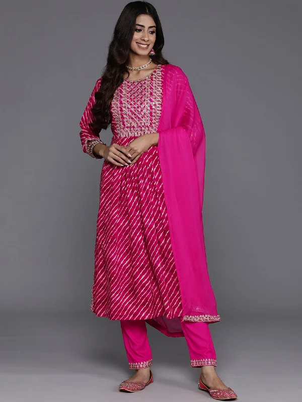 Women's Pink Embroidered A-Line Kurta Trousers With Dupatta Set - Indo Era Trousers Leisure Comfortable Women's Pink Embroidered A-Line Kurta Trousers With Dupatta Set - Indo Era Trousers Leisure Comfortable