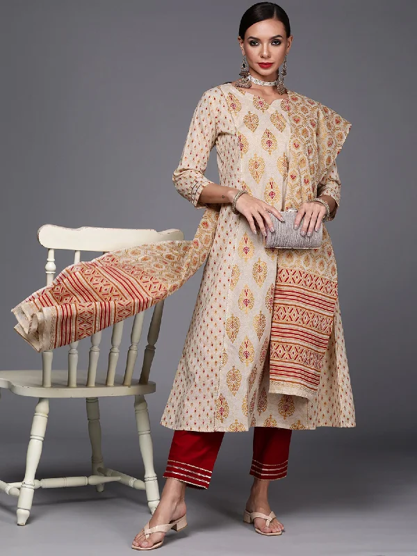 Women's Off White Printed A-Line Kurta Trouser With Dupatta Set - Indo Era Trousers stylish modern Women's Off White Printed A-Line Kurta Trouser With Dupatta Set - Indo Era Trousers stylish modern