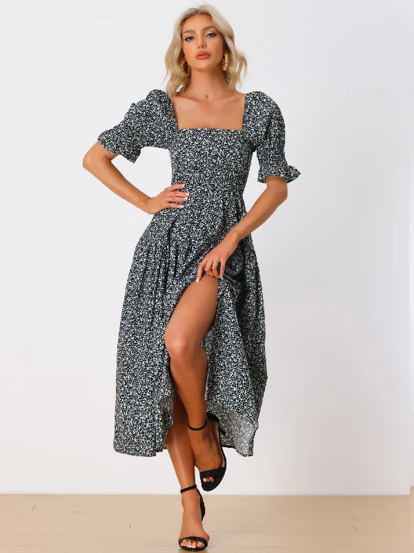 Peasant Floral Square Neck Short Puff Sleeve Smocked Dress A-Line Day Work