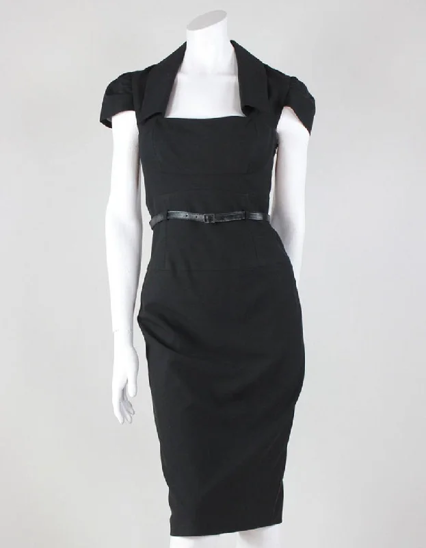 Black Halo Square Neck Capped Sleeve With Collar Belted At Waist Pencil Dress Tunics New arrival Black Halo Square Neck Capped Sleeve With Collar Belted At Waist Pencil Dress Tunics New arrival