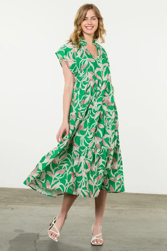 Short Sleeve Printed Dress- Green Tunics Trousers formal
