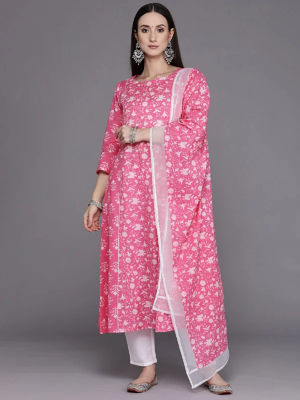 Women's Pink Printed A-Line  Kurta Trouser With Dupatta Set - Indo Era Trousers Essential Wardrobe