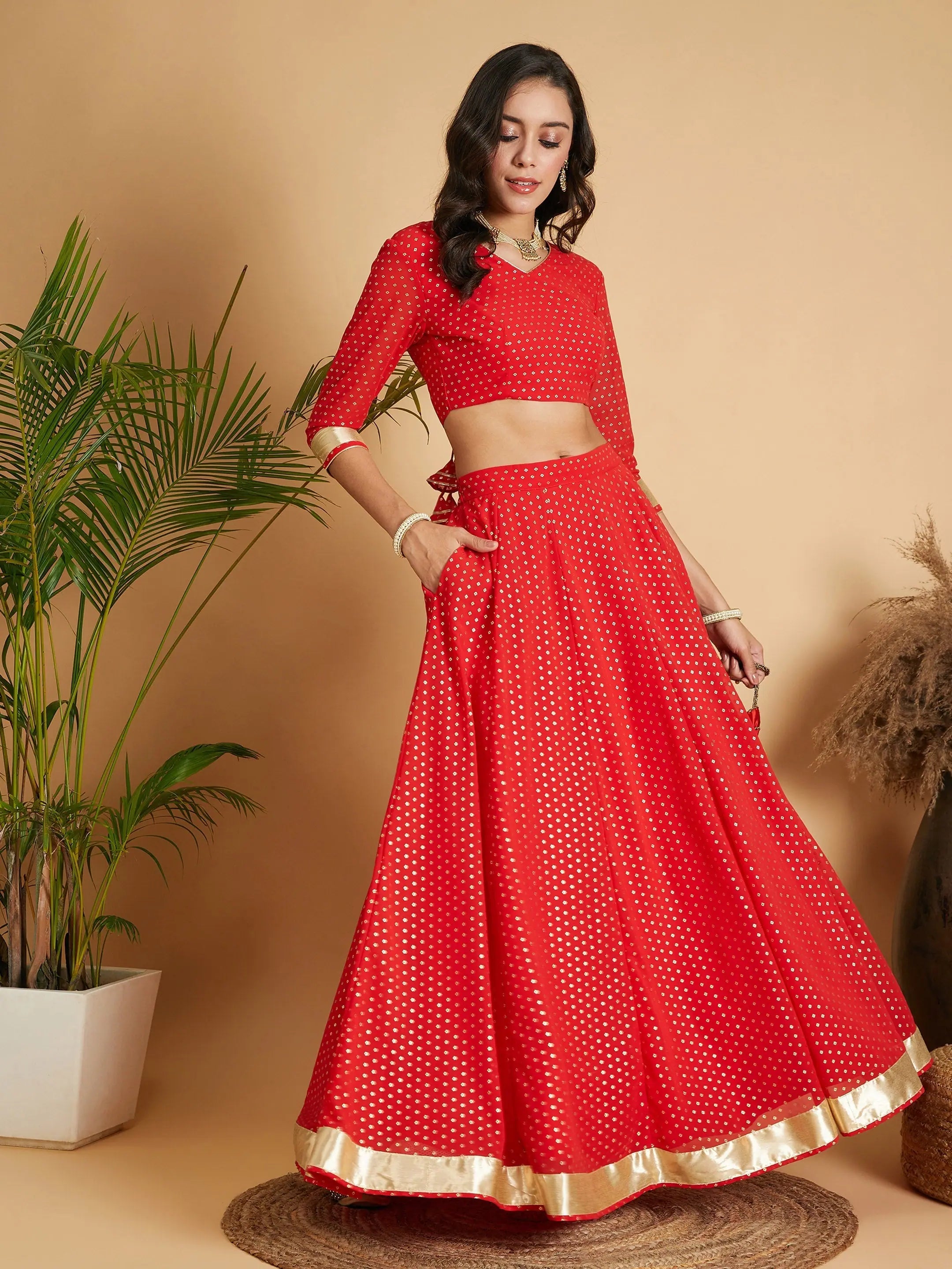 Women Red Dot Foil Print Anarkali Skirt With Crop Top Chenille Brocade Lace