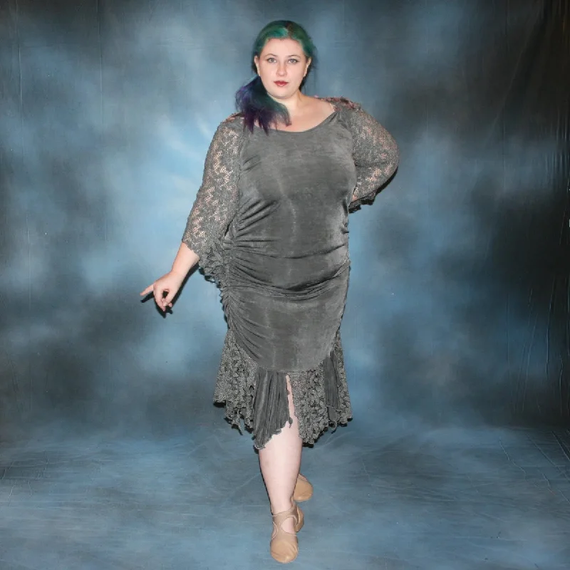 Plus Size Grey Latin-Rhythm Dress with Orchid Silk Flowers-Lacy Tunics New arrival